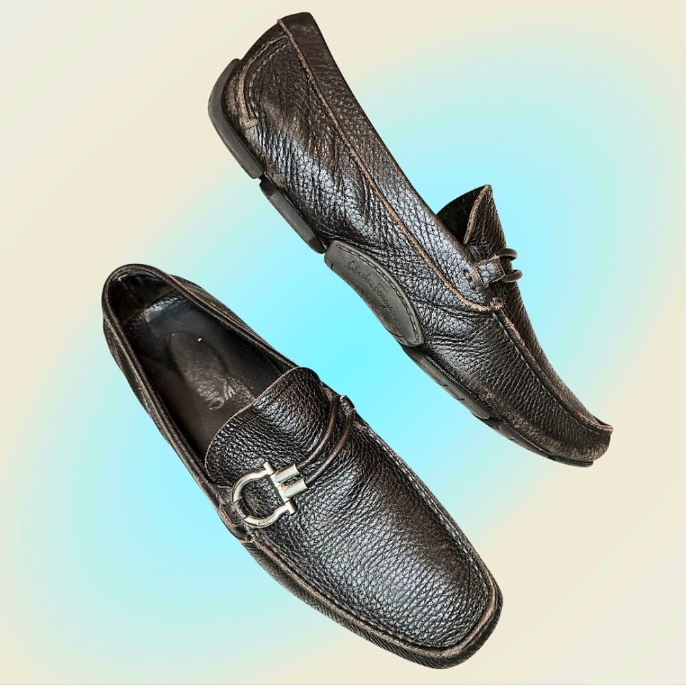 Salvatore Ferragamo Italian Leather Men's Driver Mocwith Gancini Ornament
